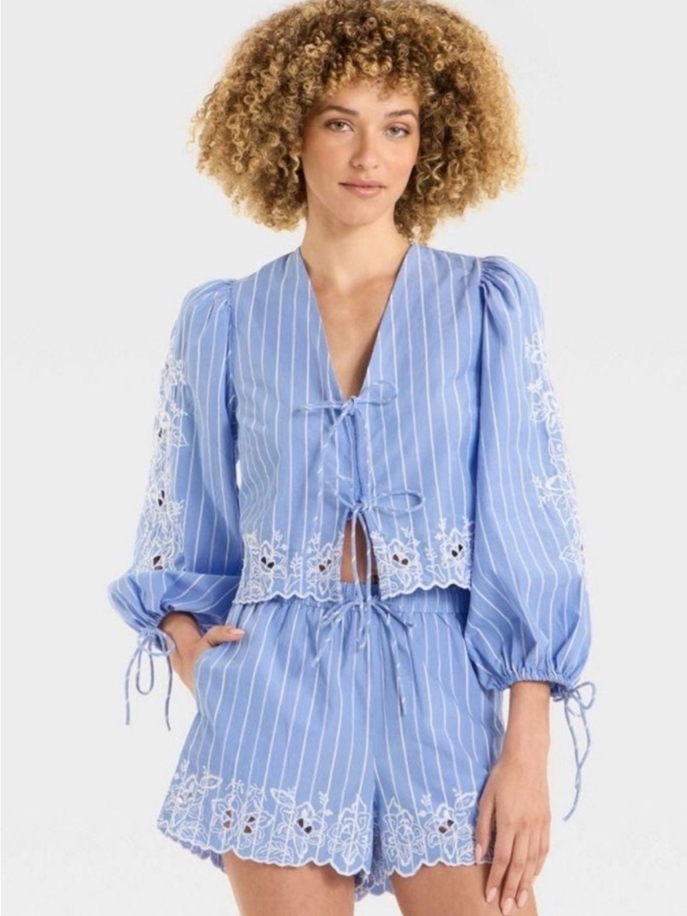 Light Blue Striped Lace-Trim Tie-Front Blouse